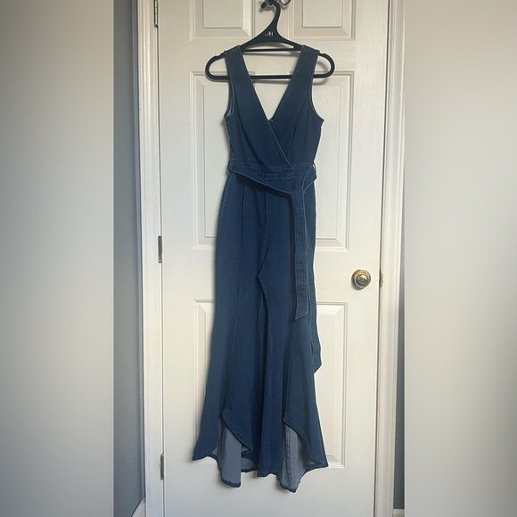 Vici v neck denim high low flare jumpsuit sz small - Picture 5 of 10